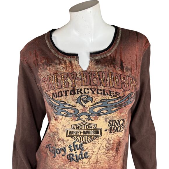 Harley-Davidson Aces & Eights Shirt XL Brown Long Sleeve Distressed Cotton - Picture 7 of 14